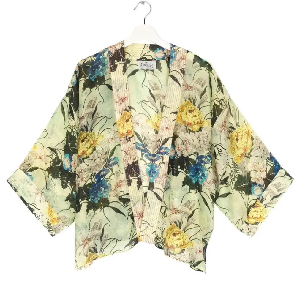 One hundred  stars Winter lily Verdigris kimono EUC OSFM